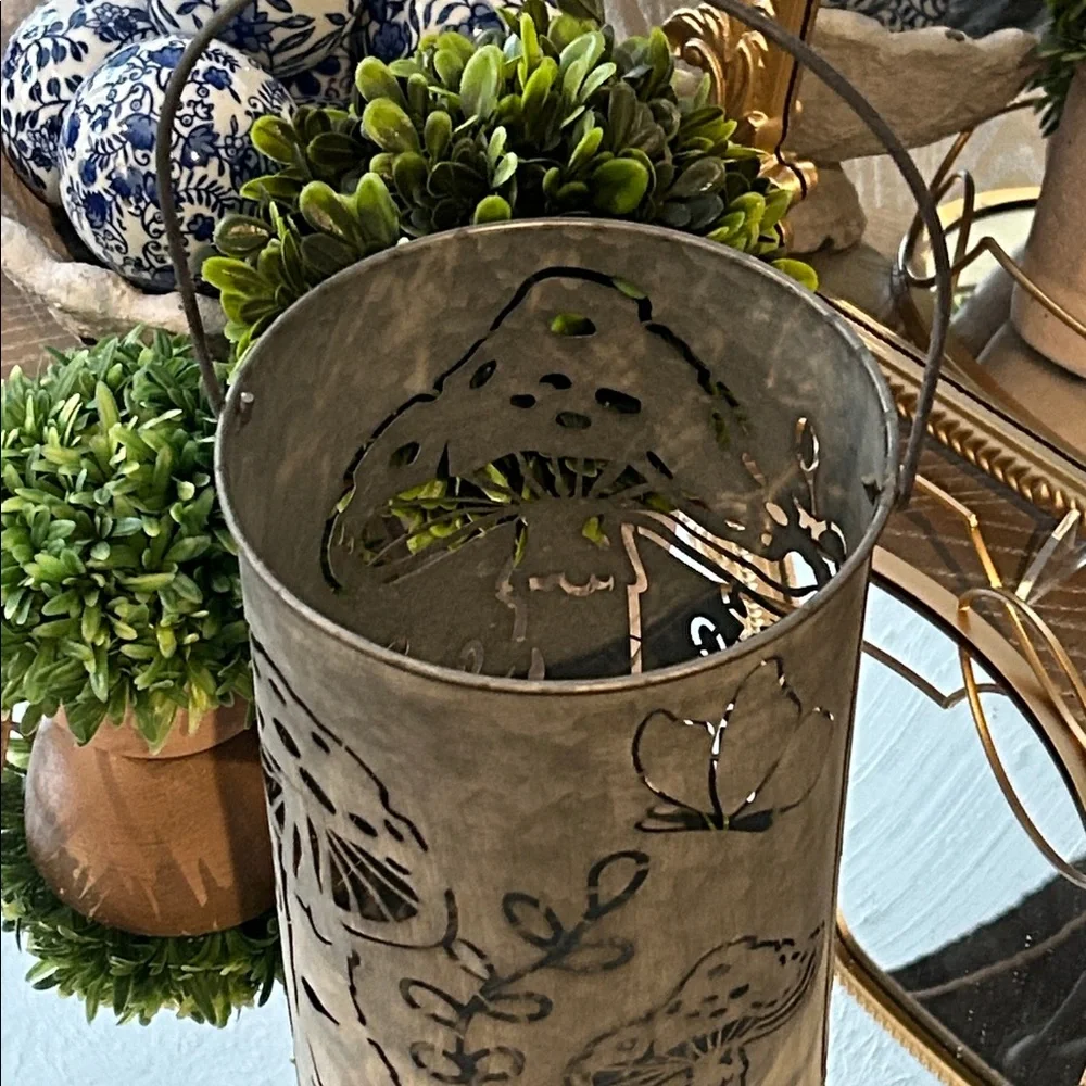 NEW! Enchanted Botanical Garden Mushroom & Butterfly Rustic Metal Lantern
